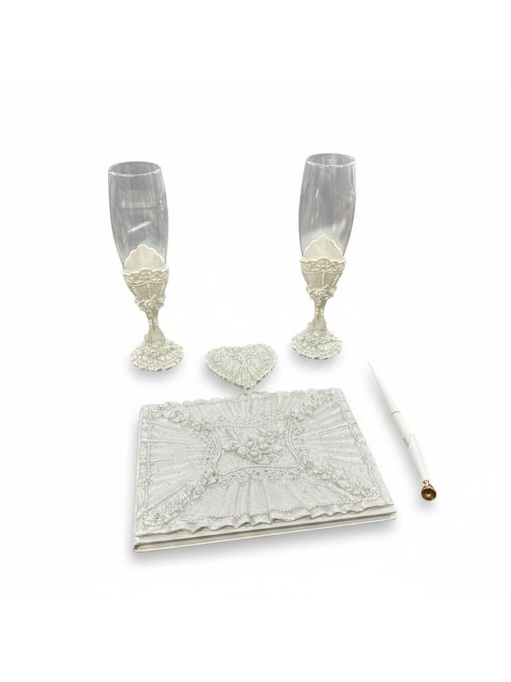 Wedding Guestbook Set With Champagne Flutes Pen Heart Holder Embellished Design